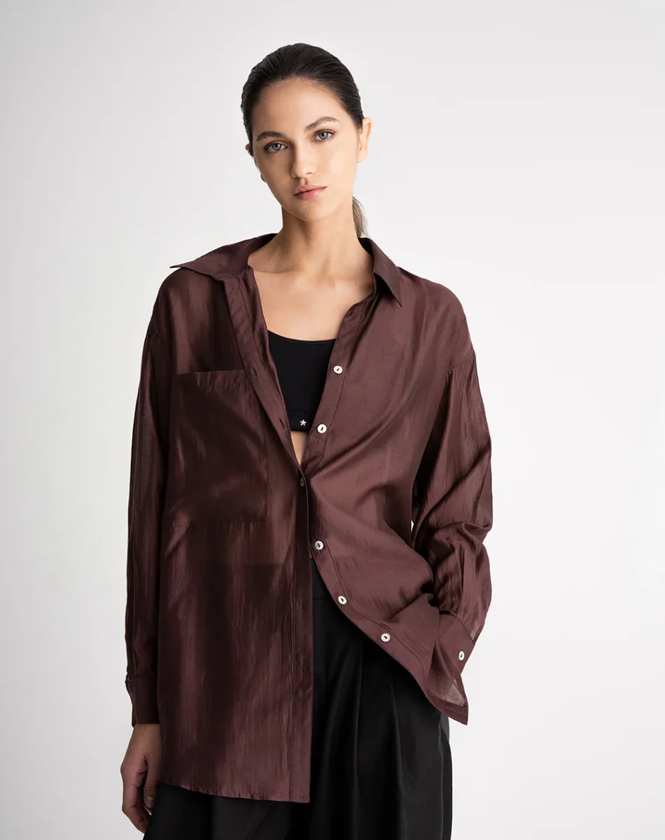 Camisa manga larga oversize transparencia vino tinto mujer